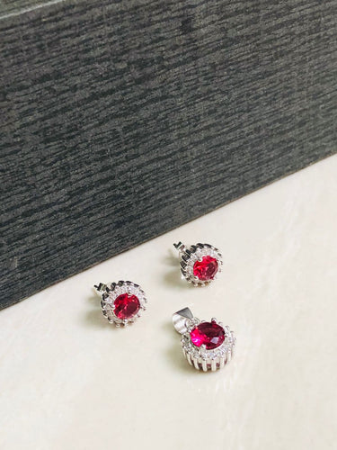 925 Silver Ruby Round Pendant Set
